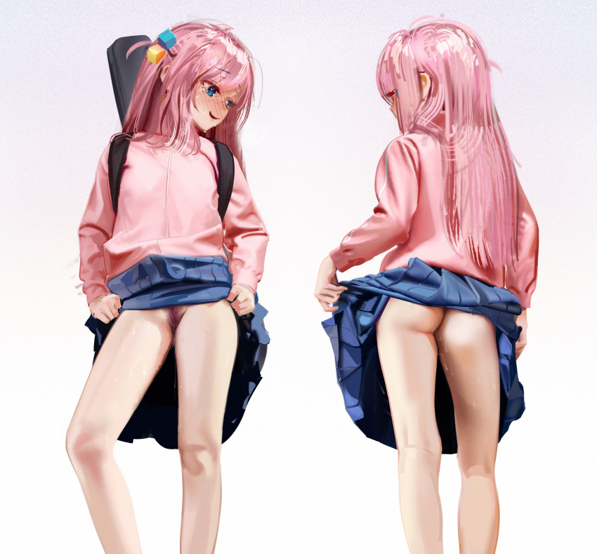 1girl absurdres ass bangs blue_eyes blue_skirt blush bocchi_the_rock! clothes_lift cube_hair_ornament female_pubic_hair from_behind gotou_hitori hair_ornament highres instrument_case jacket lifted_by_self long_hair mismatched_pubic_hair one_side_up pink_hair pink_jacket pleated_skirt pubic_hair pussy_juice simple_background skirt skirt_lift solo standing sweat sweetonedollar tears track_jacket white_background