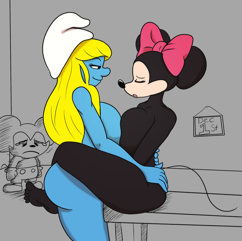 anthro big_breasts black_body black_fur blonde_hair blue_body blue_skin breasts butt clothed clothing cuckold dezmine21 digital_media_(artwork) disney duo feet female fur genitals gloves group hair handwear hat headgear headwear herm hi_res huge_breasts humanoid intersex intersex_penetrating male mammal mickey_mouse minnie_mouse mokey_mouse mouse murid murine not_furry nude open_mouth penetration phrygian_cap rodent sex simple_background smile smurf smurfette the_smurfs thick_thighs trio vaginal