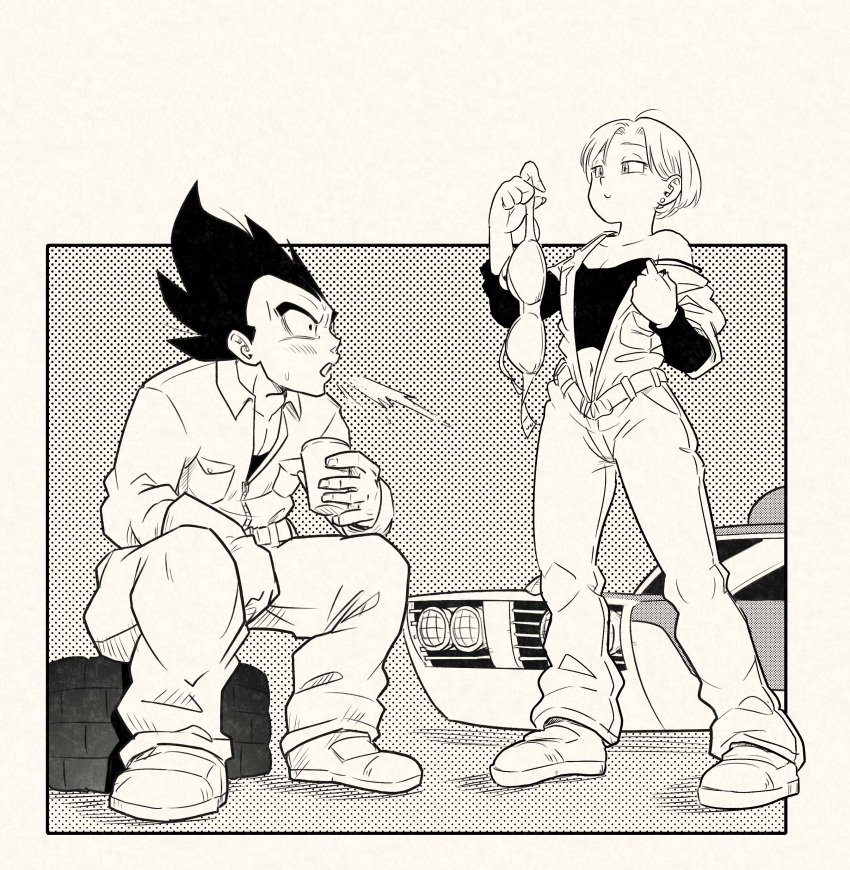 1boy 1girl absurdres bra bulma car commentary cup dragon_ball dragon_ball_super earrings english_commentary gloves greyscale ground_vehicle highres holding holding_bra holding_clothes holding_cup holding_underwear husband_and_wife jewelry monochrome motor_vehicle navel off_shoulder pink_mousse short_hair sitting smile spit_take spitting tire underwear unzipped vegeta