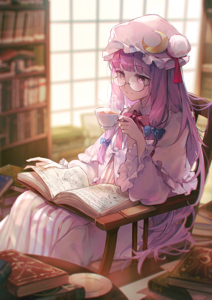 1girl bespectacled blue_bow book bookshelf bow chair closed_mouth crescent crescent_hat_ornament cup dress frilled_sleeves frills glasses hair_bow hat hat_ornament highres holding holding_cup kyusoukyu long_hair long_sleeves mob_cap open_book patchouli_knowledge purple_eyes purple_hair red_bow round_eyewear sidelocks sitting solo striped striped_dress touhou vertical-striped_dress vertical_stripes white_headwear wide_sleeves