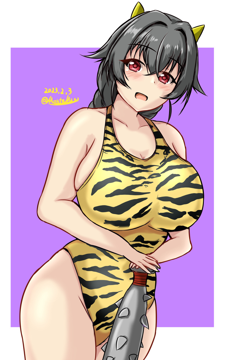 animal_print black_hair border breasts club_(weapon) competition_swimsuit dated hair_flaps hair_ornament hairclip highres horns impossible_clothes impossible_swimsuit jingei_(kancolle) kanabou kantai_collection large_breasts long_hair low_ponytail montemasa one-hour_drawing_challenge one-piece_swimsuit oni_costume oni_horns purple_background red_eyes setsubun spiked_club swimsuit tiger_print twitter_username weapon white_border