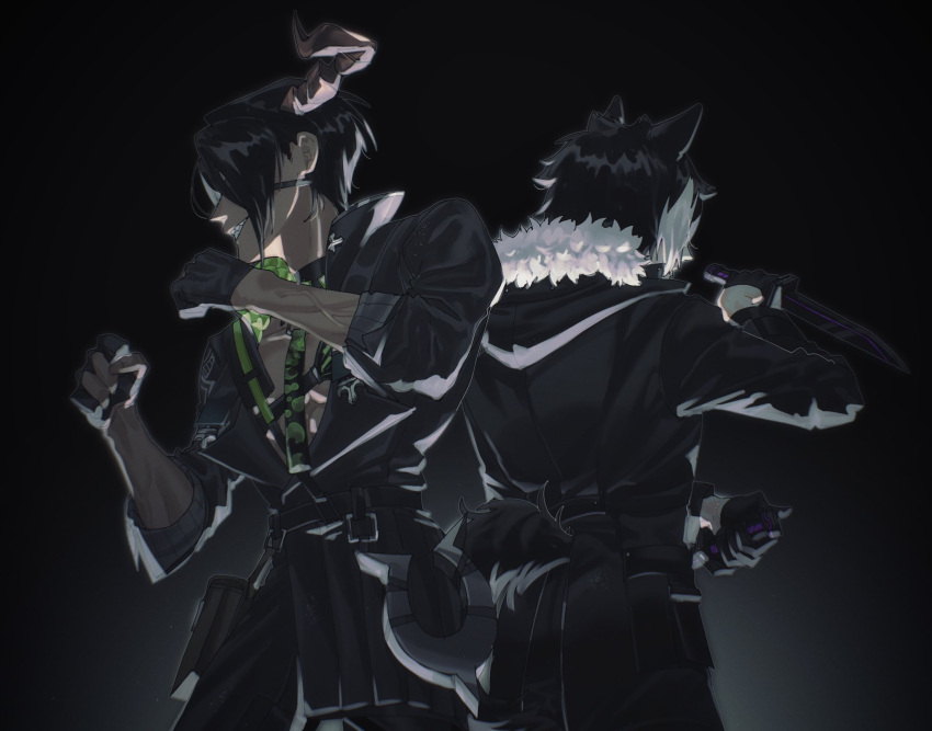 2boys abs animal_ears aragami_oga back-to-back belt belt_pouch black_background black_belt black_coat black_collar black_gloves black_hair black_pants black_shirt chest_guard clenched_hands coat collar cowboy_shot dagger dark-skinned_male dark_skin dual_wielding eyepatch facing_away fur-trimmed_coat fur_trim gloves hair_over_one_eye half_gloves highres holding holding_dagger holding_knife holding_weapon holostars horns jackal_boy jackal_ears jackal_tail kageyama_shien knife mafia_(holostars) male_focus momiage_40 multicolored_hair multiple_boys necktie open_clothes open_shirt pants partially_fingerless_gloves pouch reverse_grip sam_browne_belt sharp_teeth shirt short_hair single_horn sleeves_rolled_up tail teeth two-tone_hair veins veiny_arms virtual_youtuber weapon white_hair yellow_eyes