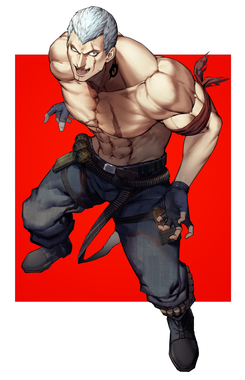 1boy :d abs absurdres bad_id bad_twitter_id bara bare_pectorals belt black_eyes black_footwear black_gloves black_pants boots bryan_fury bullet evil_smile explosive fingerless_gloves full_body gloves grenade highres houjoh_(7th-heaven) looking_at_viewer male_focus muscular navel open_mouth pants pectorals red_background scar scar_across_eye scar_on_chest short_hair smile solo tattoo tekken topless_male white_background white_hair