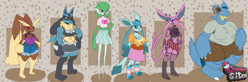 absurd_res anthro big_breasts black_sclera blue_body blue_eyes blue_fur blue_sclera bottomwear breasts brown_body brown_eyes brown_fur canid canine clothing conmasitco cutoffs denim denim_clothing ear_piercing ear_ring eeveelution espeon fan_character female fishnet freckles fur gardevoir generation_1_pokemon generation_2_pokemon generation_3_pokemon generation_4_pokemon glaceon goth group gym_bottomwear gym_clothing gym_shorts hi_res huge_breasts jeans lagomorph leporid lgbt_pride lopunny lucario mammal mature_female medium_breasts model_sheet monster muscular muscular_female nidoqueen nintendo pants piercing pink_body pink_clothing pink_fur pokemon pokemon_(species) pride_colors purple_sclera rabbit red_eyes ring_piercing shirt short_stack shorts skirt slightly_chubby small_breasts sportswear t-shirt tail taller_female tattoo thick_thighs topwear trans_(lore) trans_woman_(lore) transgender_pride_colors white_body white_eyes wide_hips