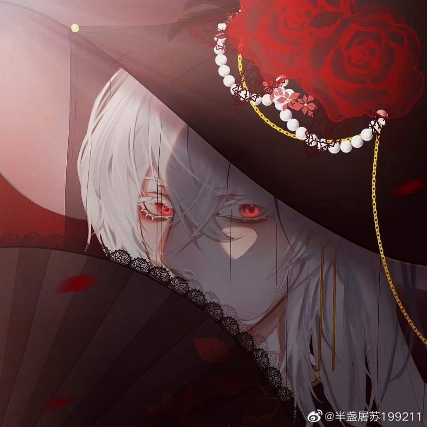 1boy bishounen chain chinese_commentary colored_skin commentary_request covering_mouth crossdressing dress earrings gem girly_boy gloves hand_fan hat holding holding_fan jewelry lace lace-trimmed_fan lace_trim lace_veil long_hair looking_at_viewer male_focus otoko_no_ko pale_skin pearl_(gemstone) solo thriller_trainee transparent upper_body victorian weibo_7805573989 white_hair white_skin zong_jiu