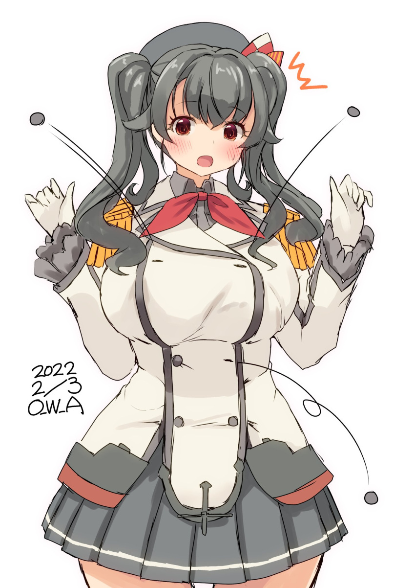 1girl alternate_costume artist_name beans beret black_hair blush breasts buttons cosplay cowboy_shot double-breasted embarrassed epaulettes frilled_sleeves frills gloves grey_skirt hat highres jacket jingei_(kancolle) kantai_collection kashima_(kancolle) kashima_(kancolle)_(cosplay) large_breasts long_hair long_sleeves military military_jacket military_uniform miniskirt neckerchief one-hour_drawing_challenge owa_(ishtail) pleated_skirt red_eyes red_neckerchief setsubun simple_background skirt solo soybean sweatdrop throwing twintails uniform white_background white_gloves white_jacket