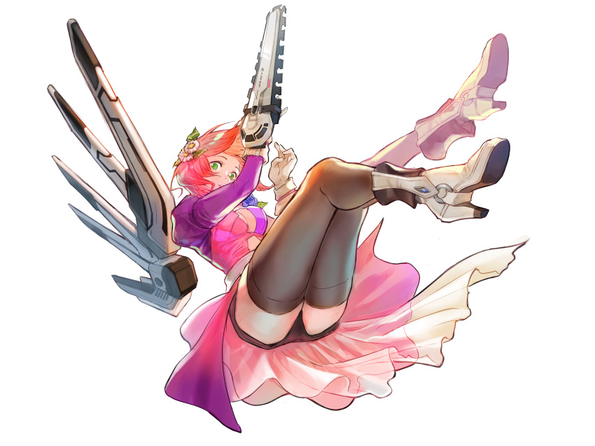 1girl absurdres alisa_boskonovich android bangs black_shorts black_thighhighs boots breasts chainsaw cleavage flower full_body gloves green_eyes hair_flower hair_ornament highres jacket looking_at_viewer medium_hair pink_hair pink_jacket robot shorts simple_background solo suvin_(mononochi) tekken thighhighs white_background white_flower white_footwear white_gloves wings