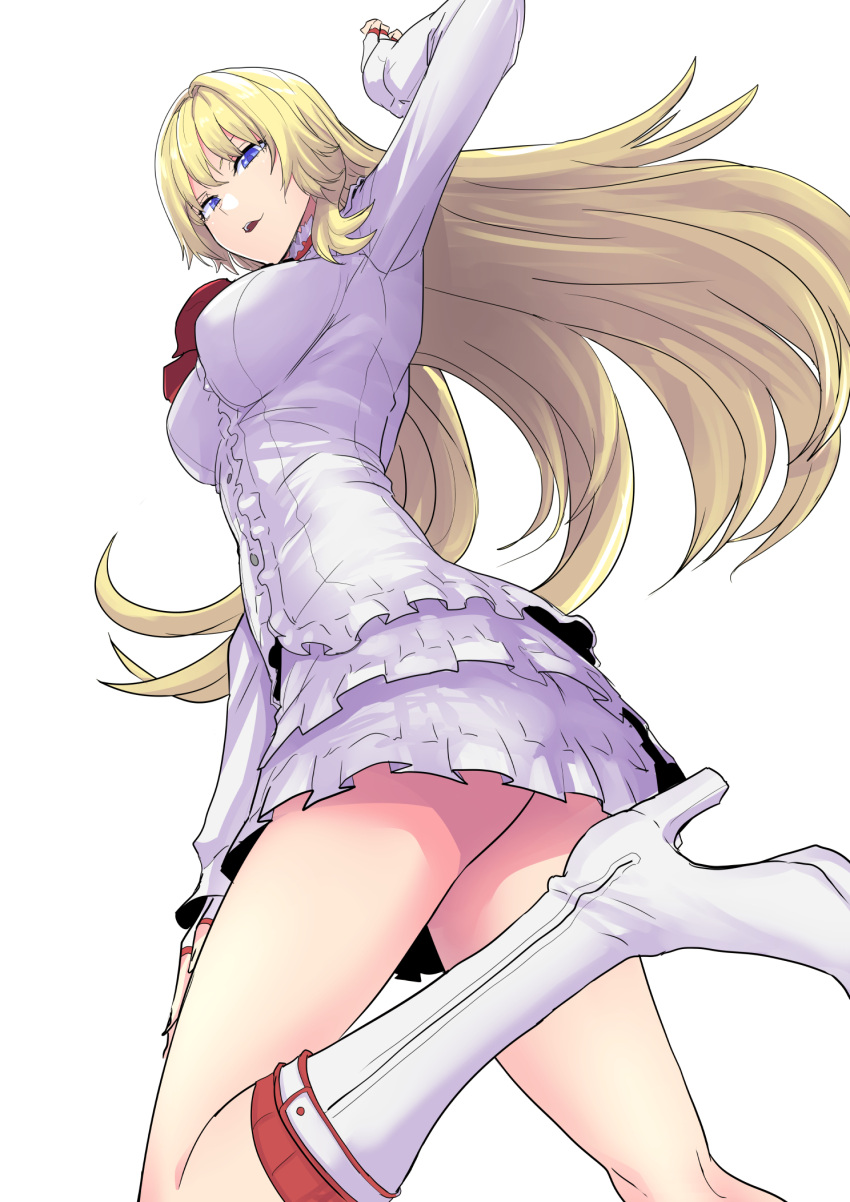 1girl bangs blonde_hair blue_eyes blunt_bangs boots bow bowtie breasts clash_kuro_neko dress fingerless_gloves from_below gloves high_heel_boots high_heels highres hime_cut leg_up lili_(tekken) long_hair long_sleeves looking_at_viewer open_mouth red_bow red_bowtie simple_background solo tekken tekken_7 white_background white_dress white_footwear white_gloves
