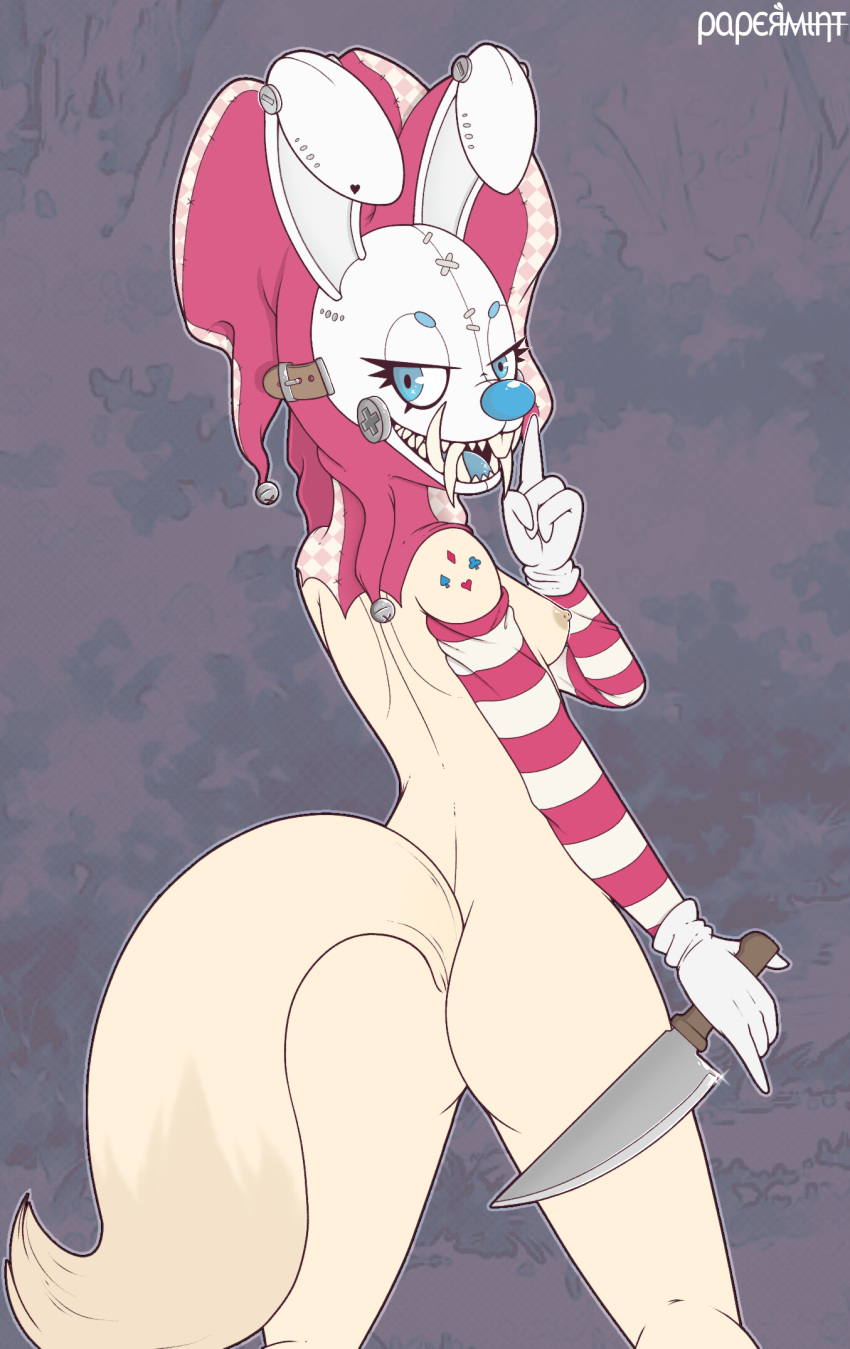anthro big_butt bloodsugar breasts buckteeth bunny_costume butt canid canine clothing clown clown_costume clown_makeup clown_nose costume demonic female fennec fool's_hat fox hat headgear headwear hi_res jester mammal mask nude papermint papermintus pinup pose rabbit_ears solo teeth