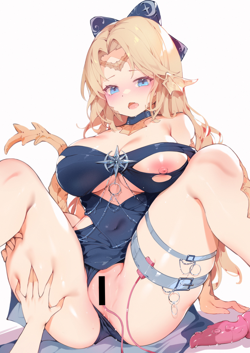 1girl absurdres armpit_crease au_ra avatar_(ff14) bangs bar_censor belt belt_buckle beltbra blonde_hair blue_belt blue_choker blue_dress blue_eyes blush breasts buckle censored chain choker cleavage clothing_cutout covered_navel deep_skin dildo dragon_dildo dragon_girl dragon_horns dragon_tail dress egg_vibrator feet_out_of_frame final_fantasy final_fantasy_xiv grabbing_own_thigh hair_ribbon hand_on_another's_thigh highres horns impossible_clothes impossible_dress jewelry large_breasts leg_belt long_hair looking_at_viewer multiple_belts nipples o-ring one_breast_out open_mouth out_of_character pussy_juice ribbon scales sex_toy simple_background sitting skindentation solo spiked_dildo spread_legs star_ornament tail torn_clothes underboob underboob_cutout vibrator white_background white_belt zhazhapao