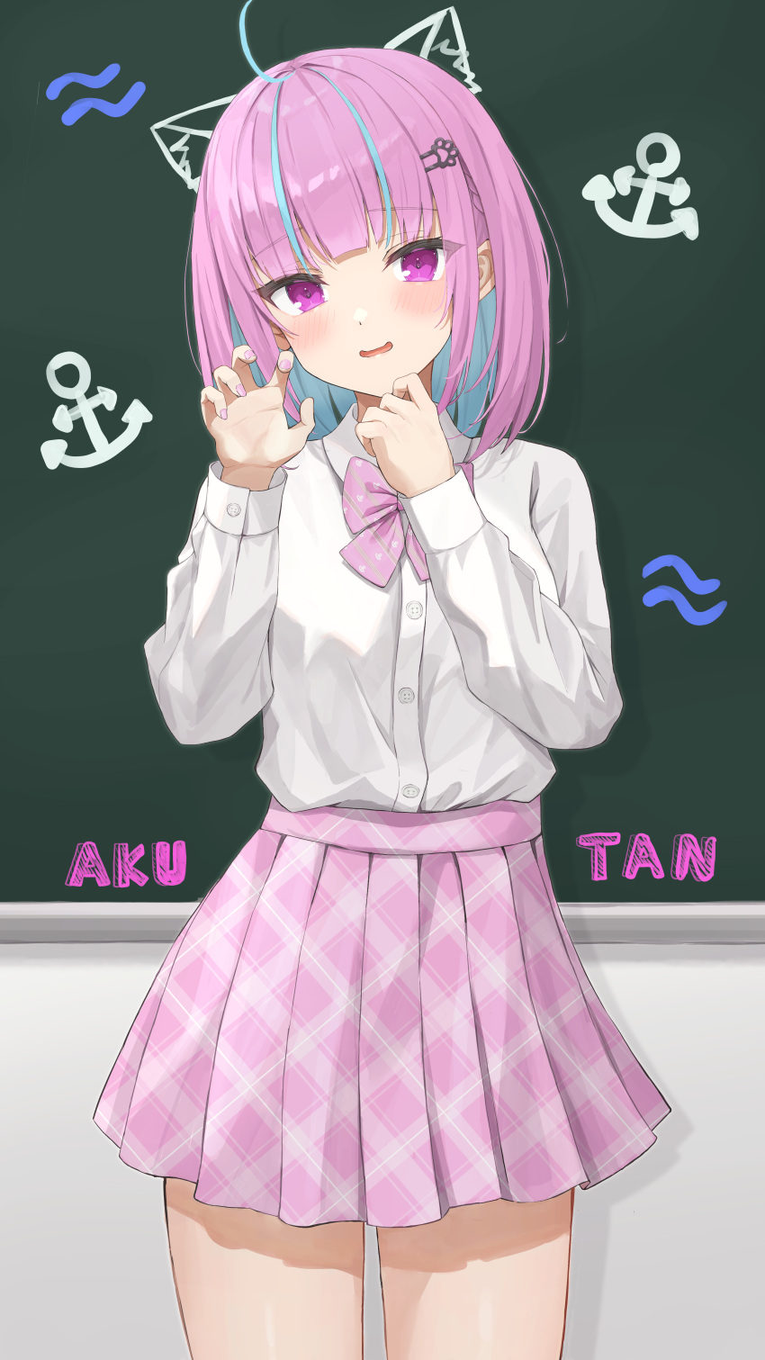 1girl :d absurdres ahoge alternate_costume alternate_hair_length alternate_hairstyle anchor_symbol aqua_hair bangs blunt_bangs blush bow bowtie breasts chalk chalkboard character_name claw_pose collarbone colored_inner_hair drawing dress_shirt hair_ornament hairclip hand_on_own_chin hand_up highres hololive jewelry long_sleeves looking_at_viewer minato_aqua multicolored_hair nail_polish norio_(noriosub) open_mouth piercing pink_bow pink_bowtie pink_hair pink_nails pink_skirt plaid plaid_skirt pleated_skirt purple_eyes school_uniform shirt shirt_tucked_in short_hair skirt sleeves_rolled_up small_breasts smile solo streaked_hair swept_bangs two-tone_hair virtual_youtuber white_shirt