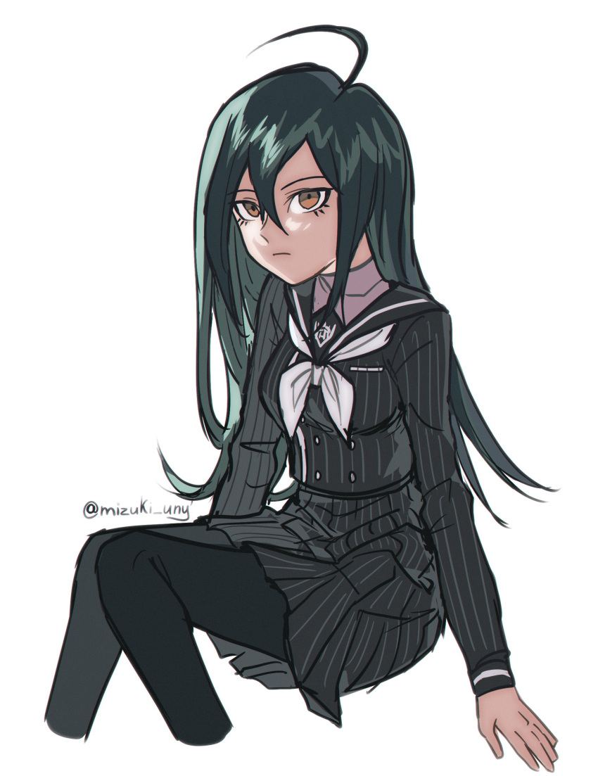 1girl absurdres ahoge artist_name bangs black_dress black_hair black_pantyhose black_sailor_collar breasts brown_eyes cropped_legs danganronpa_(series) danganronpa_v3:_killing_harmony dress frown genderswap genderswap_(mtf) grey_neckerchief hair_between_eyes highres invisible_chair long_hair medium_breasts neckerchief nika_kapustka pantyhose saihara_shuuichi sailor_collar simple_background sitting solo striped striped_dress white_background