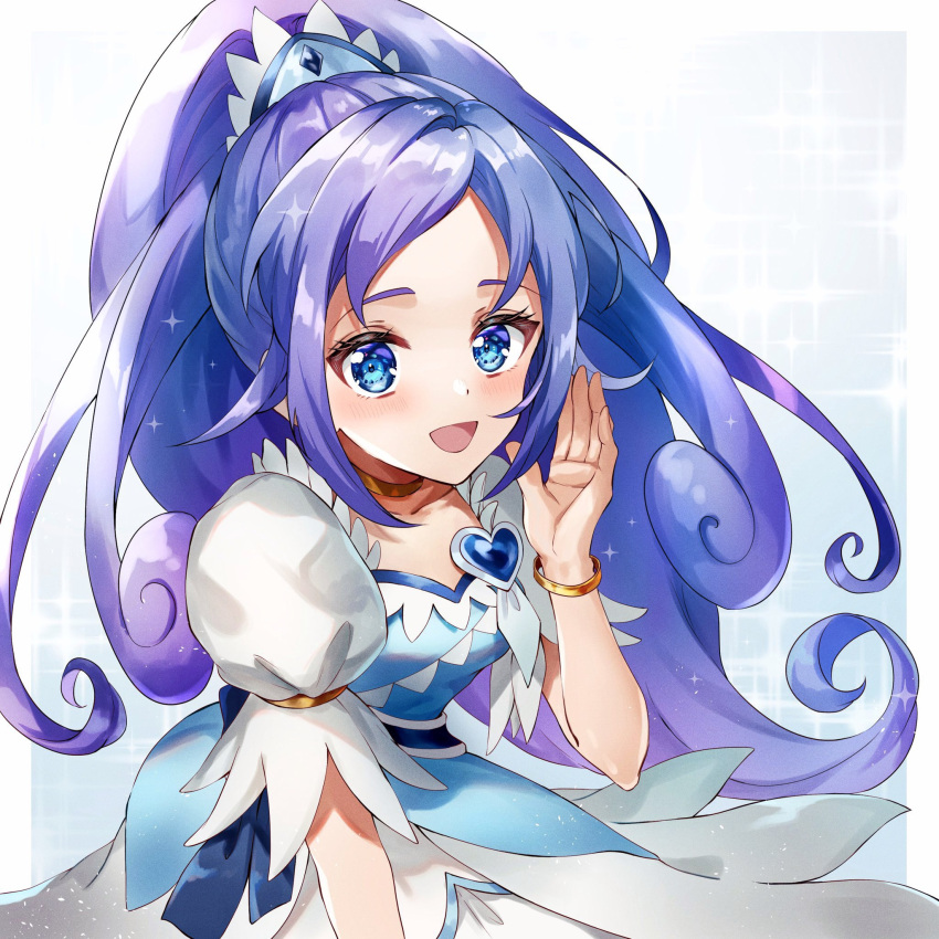 1girl blue_dress blue_eyes blue_hair bracelet breasts brooch choker collarbone crystal_earrings cure_diamond dokidoki!_precure dress earrings gradient_background hair_ornament heart_brooch high_ponytail highres hishikawa_rikka jewelry long_hair looking_at_viewer muginome_(bakuga_chan2) open_mouth precure puffy_short_sleeves puffy_sleeves short_sleeves small_breasts smile solo tiara upper_body very_long_hair white_background yellow_choker