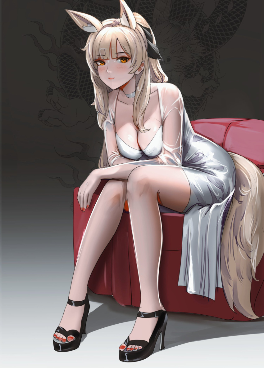 1girl animal_ears arknights arms_on_knees bare_legs black_footwear blemishine_(arknights) blonde_hair blush breasts choker cleavage collarbone crossed_arms dress gradient_background hair_ribbon high_heels highres horse_ears horse_girl horse_tail large_breasts light_smile long_hair long_legs notgustiarp orange_eyes red_nails ribbon saleppanu see-through see-through_sleeves sitting solo tail white_choker white_dress