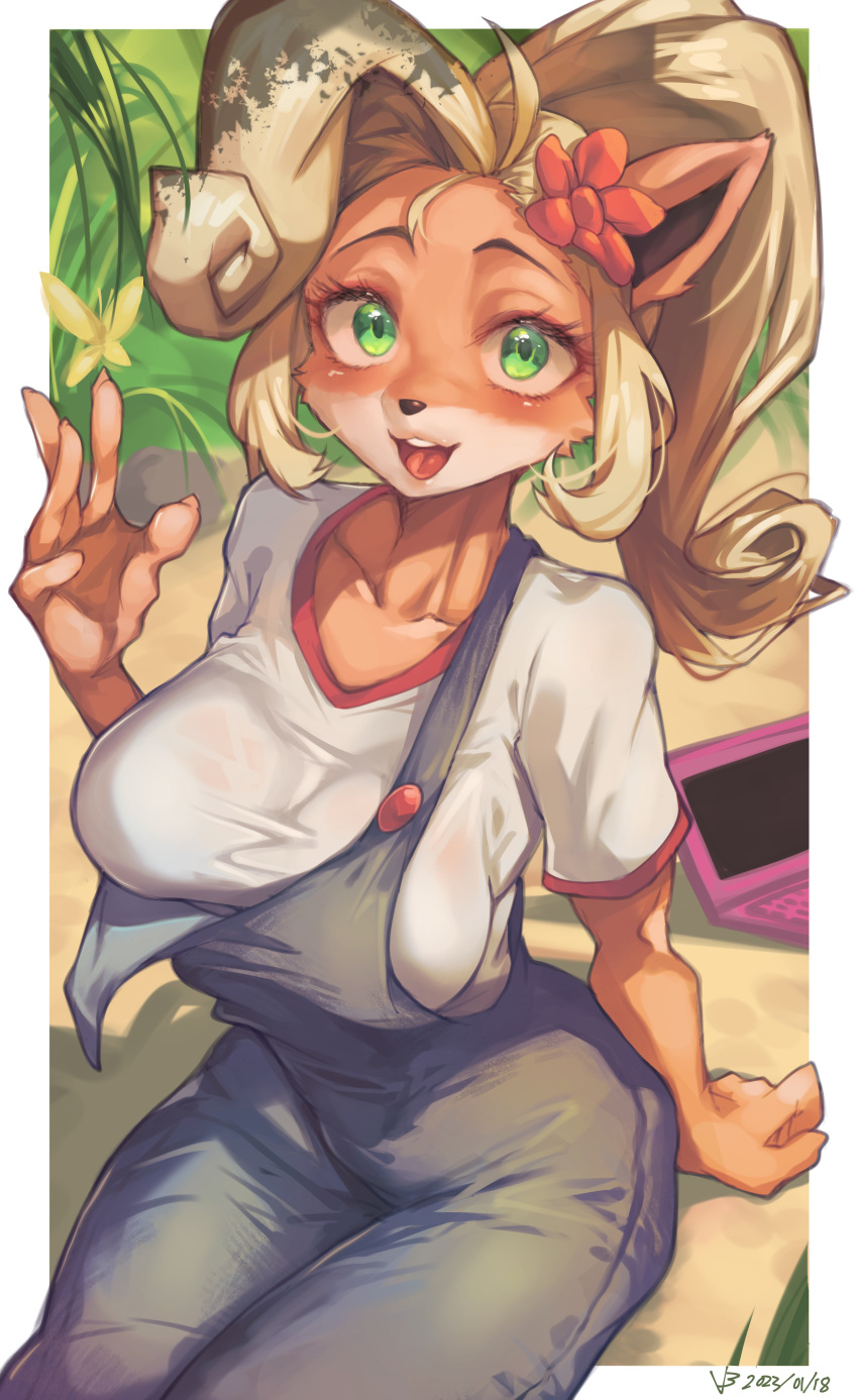 absurd_res accessory activision anthro bandicoot blonde_hair breasts coco_bandicoot crash_bandicoot_(series) female flower flower_in_hair fur green_eyes hair hair_accessory hi_res iepelppa mammal marsupial plant smile solo