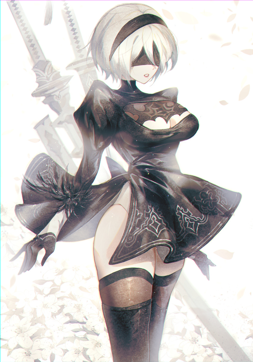 1girl absurdres black_blindfold black_dress black_hairband black_thighhighs blindfold boots breasts cleavage_cutout clenched_teeth clothing_cutout dress feather-trimmed_sleeves floral_background flower hairband highres juliet_sleeves katana leather leather_boots long_sleeves medium_breasts multiple_weapons nekocha nier_(series) nier_automata open_mouth petals puffy_sleeves short_hair solo sword teeth thigh_boots thighhighs thighs underwear weapon white_background white_hair wind wind_lift yorha_no._2_type_b