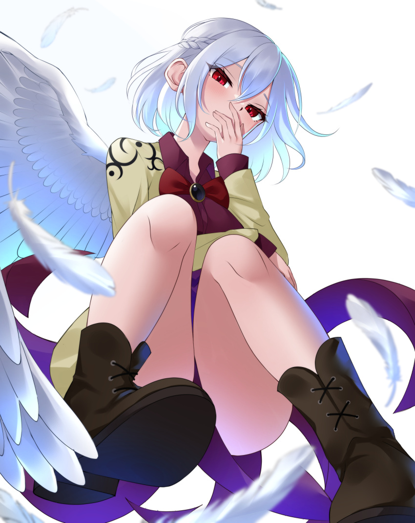 1girl \||/ absurdres angel_wings boots bow bowtie braid brown_footwear commentary_request covering_mouth cross-laced_footwear dress feathered_wings french_braid highres jacket kishin_sagume long_sleeves looking_at_viewer onikoroshi perspective purple_dress red_bow red_bowtie red_eyes short_dress short_hair simple_background single_wing solo thighs touhou white_background white_hair white_wings wings