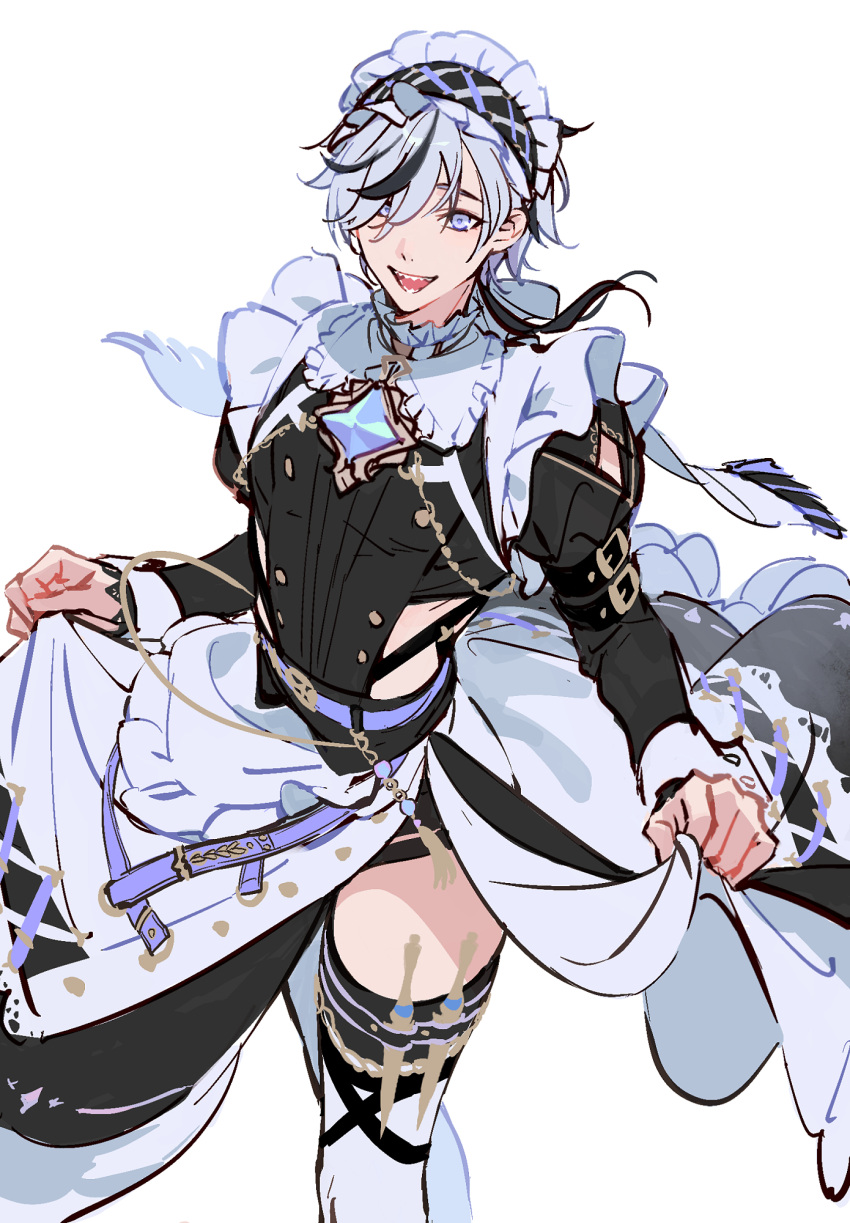 1boy apron blade_(nu_carnival) dsmile grey_hair highres juliet_sleeves long_sleeves looking_at_viewer maid maid_apron maid_headdress male_focus nu_carnival official_alternate_costume otoko_no_ko puffy_sleeves purple_eyes short_hair white_hair