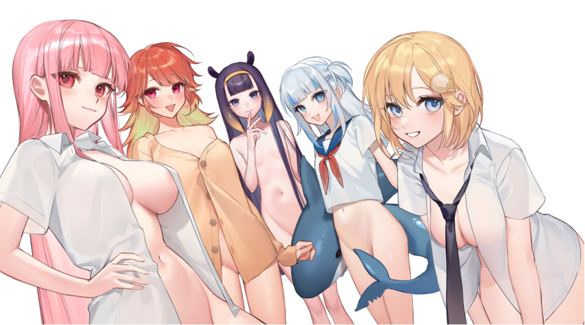 5girls areola_slip bangs blonde_hair blue_eyes blue_hair blunt_bangs blush bottomless breasts completely_nude convenient_censoring fish_tail gawr_gura grey_hair grin hair_ornament hand_on_hip highres hololive hololive_english large_breasts long_hair looking_at_viewer mole mole_under_eye monocle_hair_ornament mori_calliope multicolored_hair multiple_girls naked_shirt navel necktie ninomae_ina'nis no_bra nude open_clothes open_mouth open_shirt pink_eyes pink_hair purple_eyes red_necktie shark_girl shark_hair_ornament shark_tail sharp_teeth shirt short_hair short_necktie short_sleeves simple_background small_breasts smile smilesmile1312 spikes streaked_hair stuffed_animal stuffed_shark stuffed_toy tail takanashi_kiara teeth tentacle_hair two_side_up virtual_youtuber watson_amelia white_background white_shirt