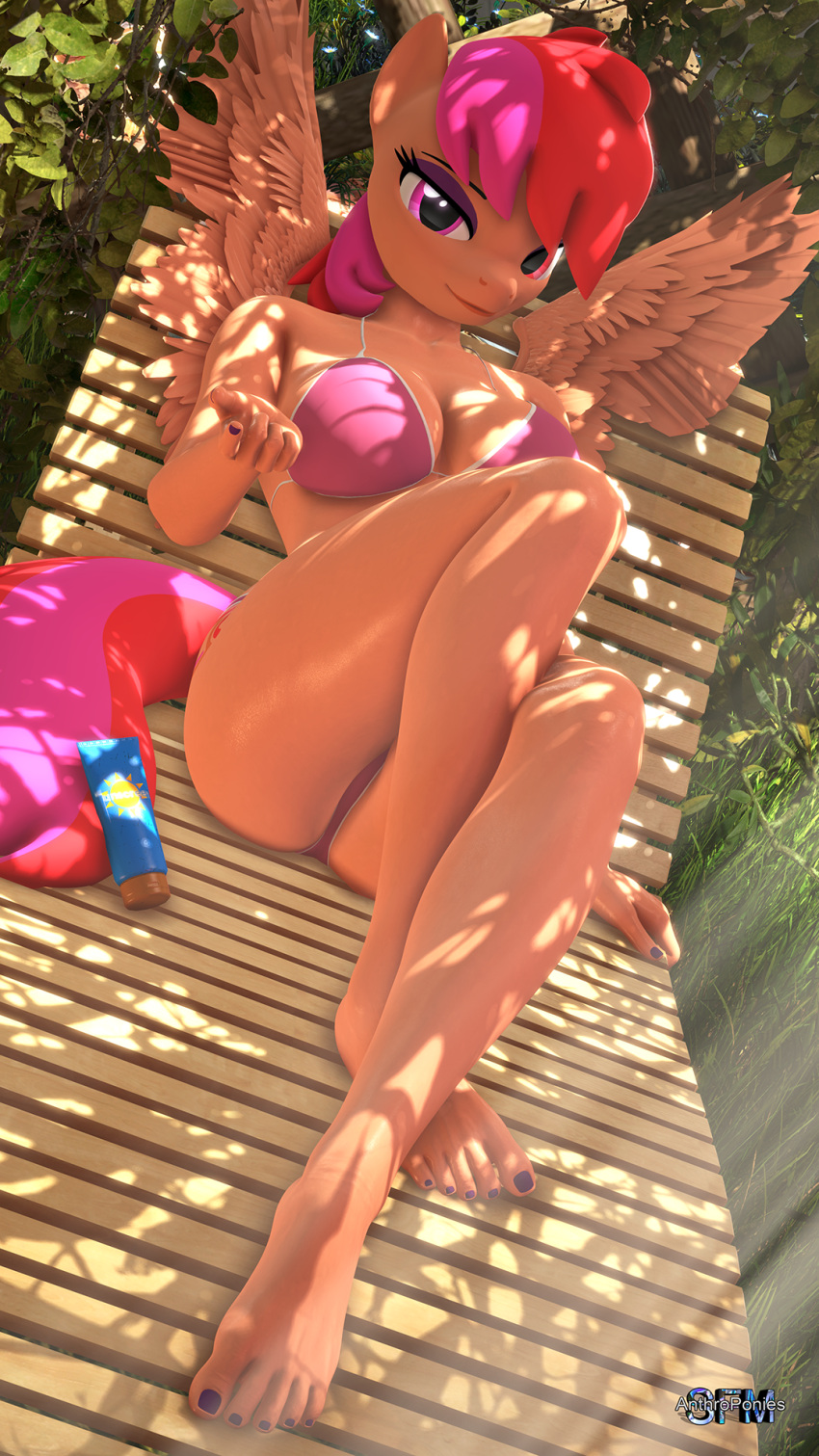 2022 3d_(artwork) anthro anthroponiessfm barefoot bikini bikini_bottom breasts butt clothed clothing digital_media_(artwork) equid equine eyeshadow feet female gesture hair hi_res inviting looking_at_viewer lying makeup mammal on_back orange_body pegasus pink_bikini pink_bikini_top pink_clothing pink_hair pink_swimwear pink_tail plantigrade pointing purple_eyes radiant_sunrise_(hunterz263) red_hair solo source_filmmaker suggestive suntan_lotion swimwear tail wings