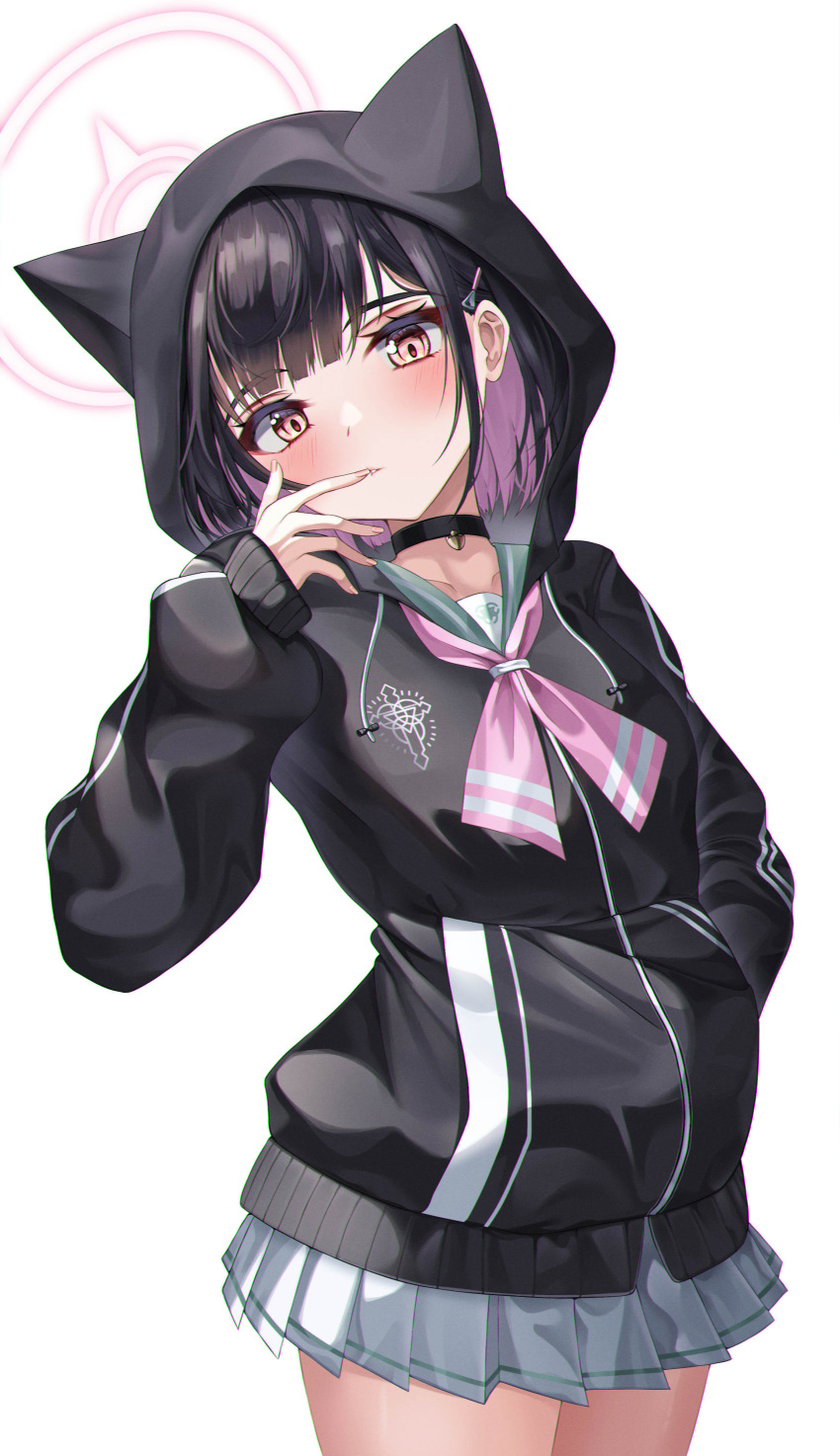 1girl absurdres animal_ears bangs black_choker black_hair blue_archive blush cat_ears chanpower233 choker collarbone colored_inner_hair finger_to_mouth flat_chest hair_ornament hairclip halo hand_in_pocket highres hood hooded_jacket hoodie jacket kazusa_(blue_archive) long_sleeves looking_at_viewer miniskirt multicolored_hair neckerchief pantyhose pink_hair pink_neckerchief pleated_skirt red_eyes ribbed_sleeves short_hair skirt solo thighs two-tone_hair white_skirt