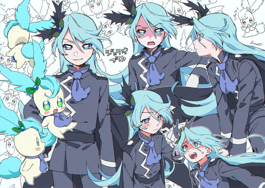 1boy bangs black_pants blue_eyes blue_hair evil_smile ferea_bimi gloves julio_(precure) kirakira_precure_a_la_mode long_hair long_sleeves male_focus multiple_views open_mouth pants pikario_(precure) precure smile swept_bangs white_gloves wing_hair_ornament