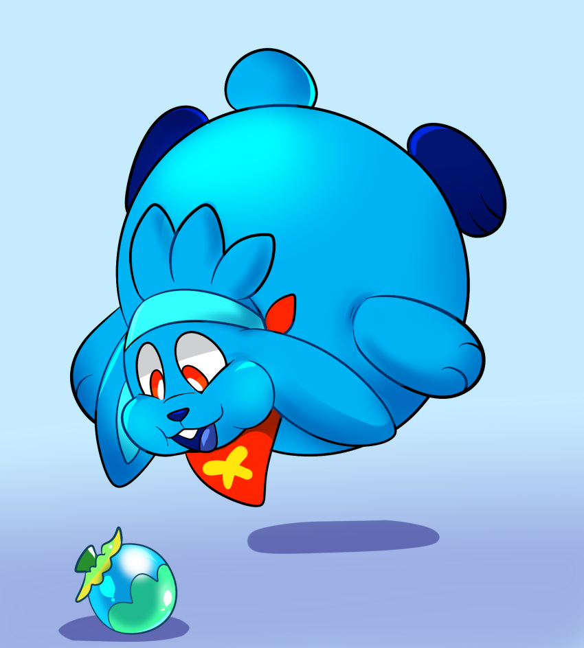 air_inflation ambiguous_gender anthro bandanna blimp_fruit_(super_mario_galaxy_2) blue_arms blue_body blue_fur blue_head_tuft blue_inner_ear blue_legs blue_nose blue_tongue blue_tuft buckteeth cyan_background floating fur generation_8_pokemon happy hi_res inflated_belly inflation kerchief nintendo pokemon pokemon_(species) puffed_cheeks raboot red_eyes rindeadsong simple_background solo teeth tongue