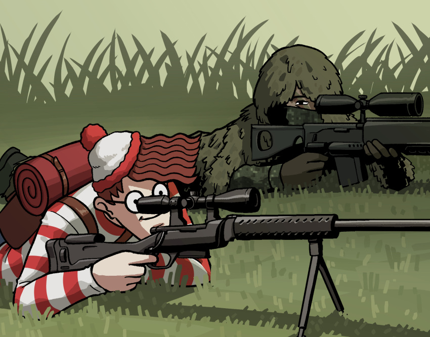 2boys aiming backpack bag brown_hair camouflage english_commentary facepaint glasses gloves grass gun hat highres korean_commentary looking_at_viewer lying mask mixed-language_commentary multiple_boys on_stomach original outdoors pom_pom_(clothes) rifle round_eyewear smile sniper_rifle striped striped_sweater sweater tall_grass two-tone_headwear two-tone_sweater wally_(where's_wally) wavy_hair weapon weapon_request where's_wally woodland_camouflage yaritoo