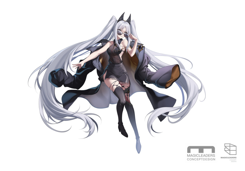 1girl absurdly_long_hair adjusting_eyewear backless_outfit black_bra black_coat black_footwear black_shirt black_skirt boots bra breasts cartonbox_(zhixiang_zhi) chinese_commentary coat coat_removed collared_shirt commentary_request concept_art copyright_name dated_commentary full_body gem grey_eyes grey_hair high_heel_boots high_heels highres long_hair looking_at_viewer magicleaders medium_breasts open_clothes open_coat oversized_clothes parted_lips red_gemstone see-through see-through_shirt shirt side_slit sidelocks skirt skull sleeveless sleeveless_shirt slit_pupils smile solo sunglasses teeth thigh_boots torn_boots twintails underwear very_long_hair white_background wide_sleeves