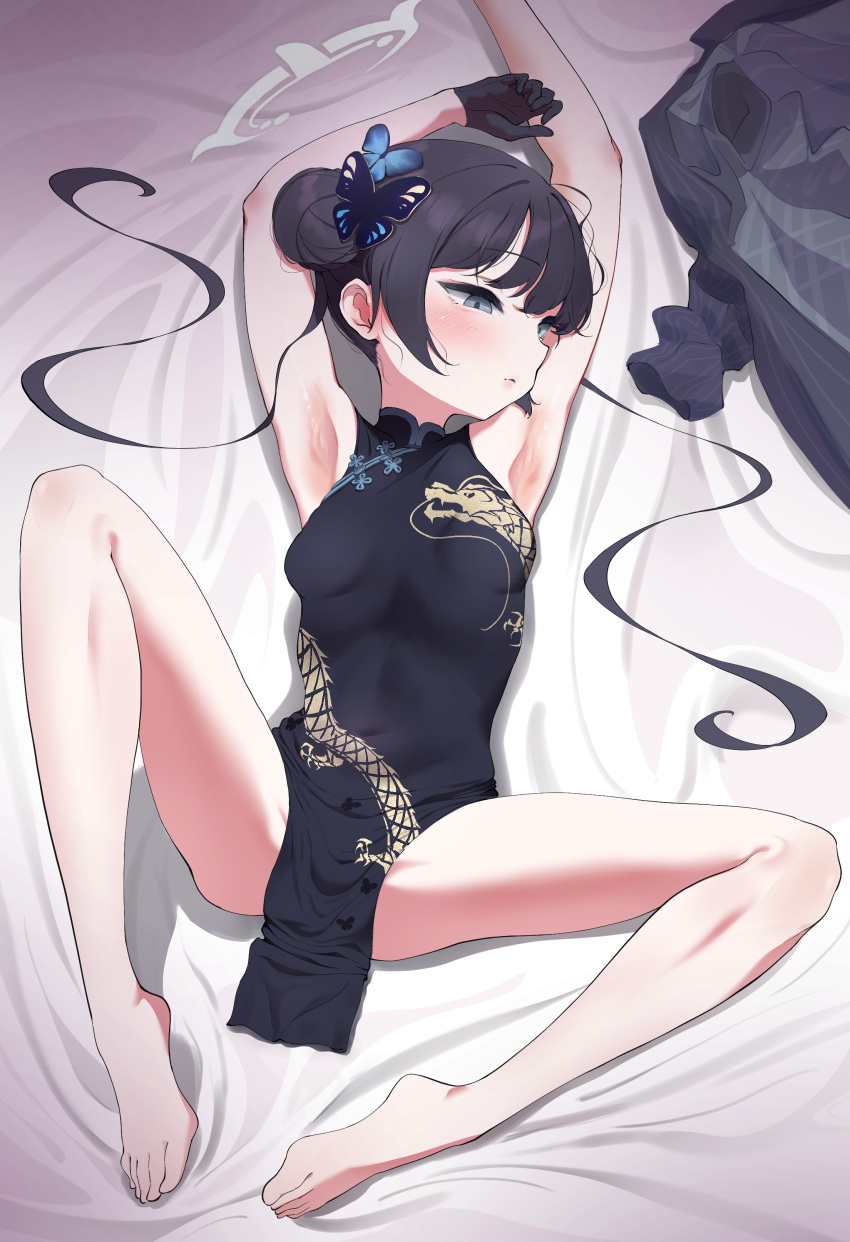 1girl absurdres armpits arms_up bare_legs barefoot bed_sheet black_dress black_gloves black_hair blue_archive blush breasts butterfly_hair_ornament china_dress chinese_clothes coat coat_removed covered_navel double_bun dragon_print dress full_body gloves grey_coat grey_eyes hair_bun hair_ornament half_gloves halo highres kisaki_(blue_archive) long_hair looking_to_the_side lying nadayui on_back parted_lips pelvic_curtain print_dress short_dress sleeveless sleeveless_dress small_breasts solo spread_legs twintails