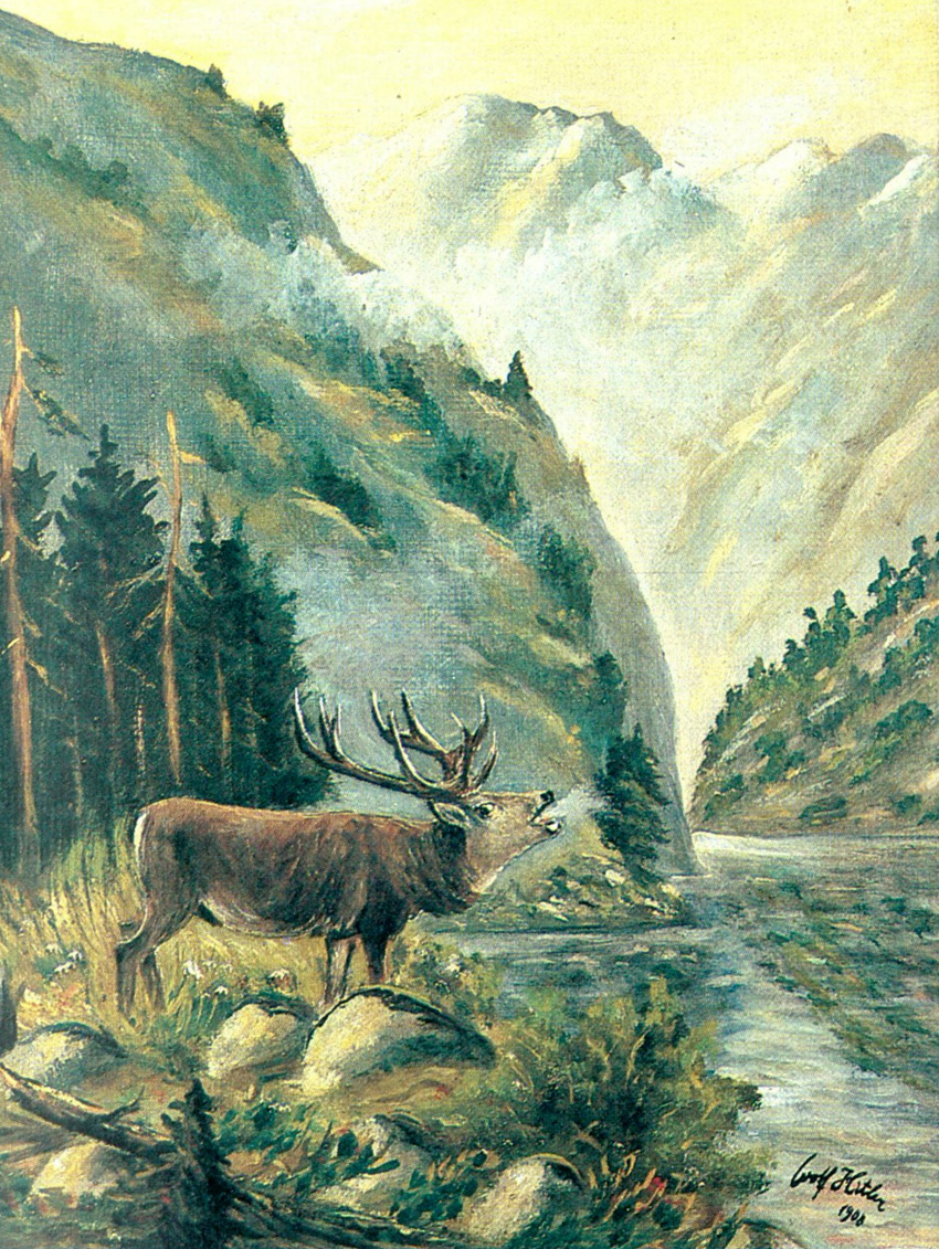 1908 20th_century absurd_res adolf_hitler_(artist) ancient_art antlers brown_body brown_fur cervine cloud day deer elk feral forest fur grass hi_res horn male mammal mountain nature nature_background open_mouth outside painting_(artwork) plant rock signature solo traditional_media_(artwork) tree water