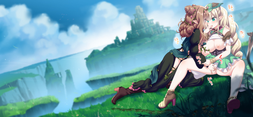 2girls blonde_hair blush braid breasts breasts_out brown_hair fantasy fingering grass green_eyes highres long_hair looking_at_another multiple_girls no_panties on_grass original pointy_ears saki_chisuzu sound_effects sword weapon yuri