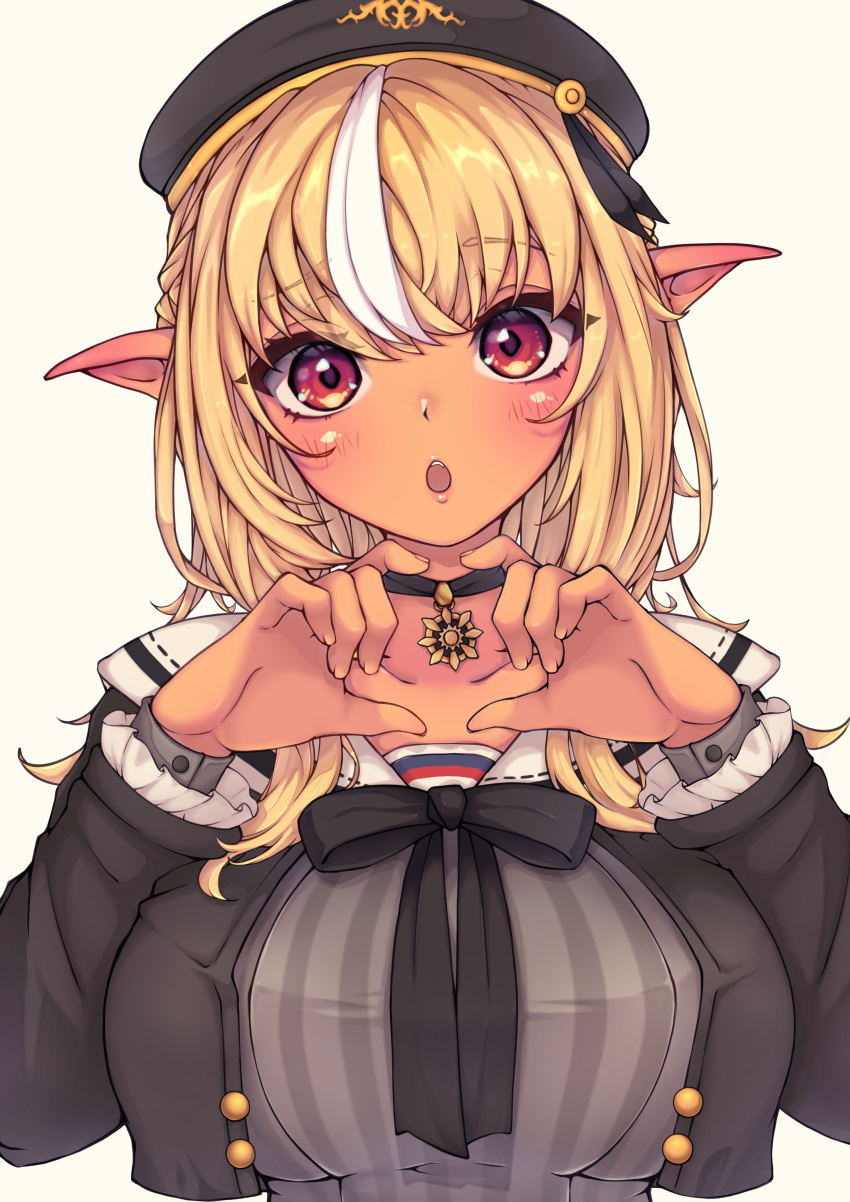 1girl :o absurdres animal_on_shoulder bird bird_on_shoulder black_bow black_bowtie black_choker black_headwear black_jacket blonde_hair blush bow bowtie braid choker commentary_request dark-skinned_female dark_skin dress elf french_braid grey_dress half_updo hat heart heart_hands highres hololive jacket jewelry lix_e333 long_hair looking_at_viewer multicolored_hair official_alternate_costume official_alternate_hairstyle open_clothes open_jacket open_mouth pendant pendant_choker pointy_ears red_eyes sailor_collar sailor_hat shiranui_flare sidelocks simple_background solo straight-on streaked_hair striped striped_dress upper_body vertical-striped_dress vertical_stripes virtual_youtuber white_background white_sailor_collar