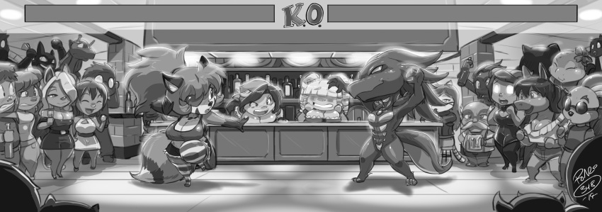 absurd_res anthro canid canine chibi claws crowd dragon duo eye_patch eyewear female fighting_pose fox gameplay_mechanics greyscale group gui health_bar hi_res hud humanoid lazuli_(doggod.va) male male/female mammal monochrome pose rune_(ninstarrune) shonuff tagme tail