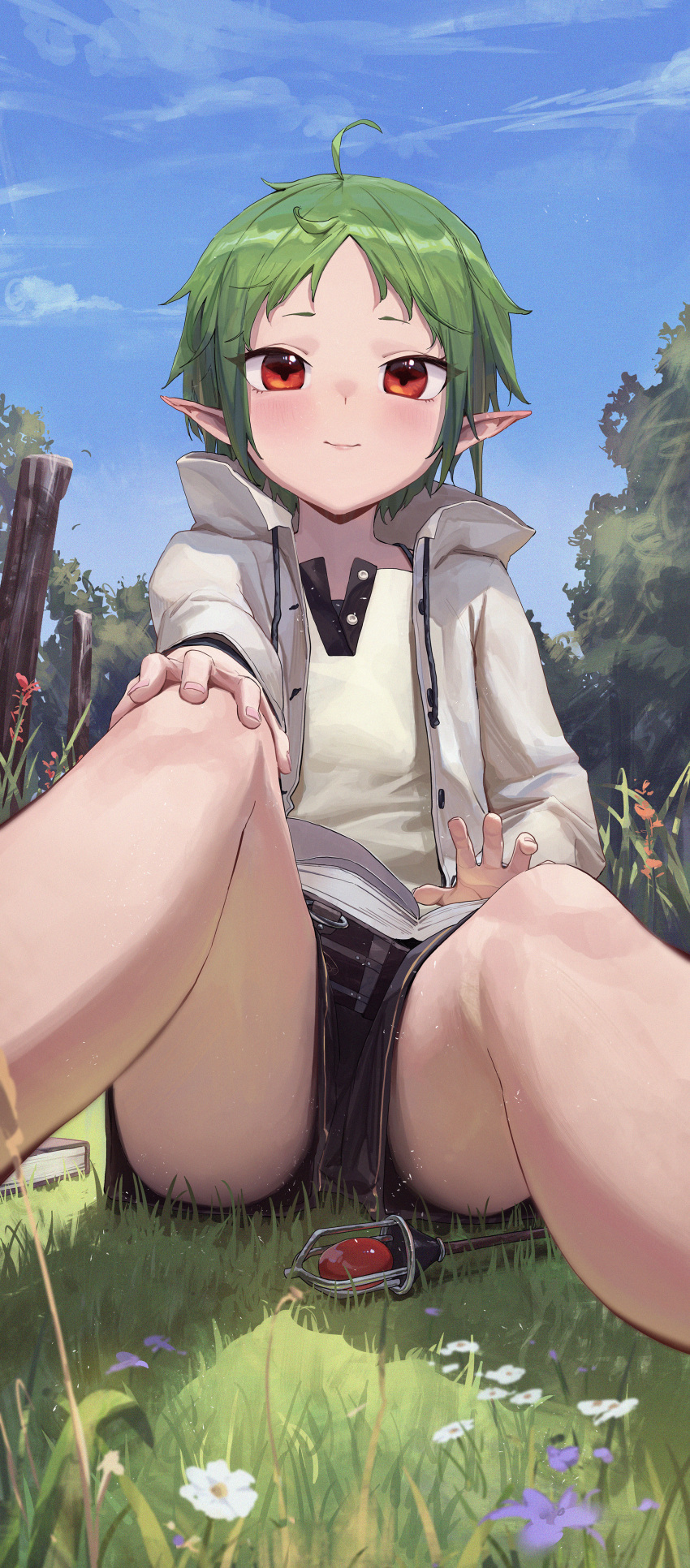 1girl absurdres ahoge bingwei_huang blue_sky book closed_mouth day elf fantasy forehead green_hair highres hood hooded_jacket jacket light_blush light_smile looking_at_viewer mushoku_tensei on_grass outdoors pointy_ears red_eyes shirt short_eyebrows short_hair short_shorts shorts sitting sky solo sylphiette_(mushoku_tensei) thighs tree wand white_jacket