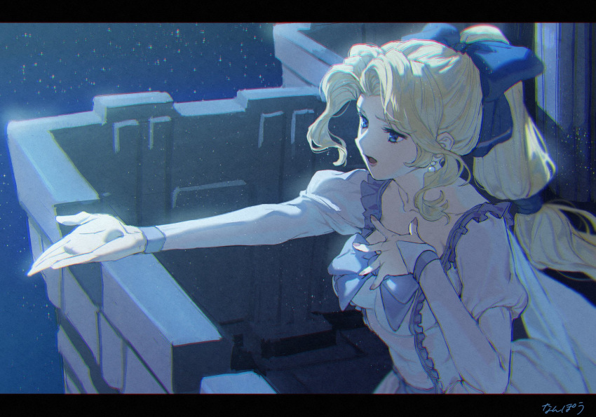 1girl balcony bangs blonde_hair blue_eyes blue_ribbon celes_chere collarbone commentary_request dress earrings final_fantasy final_fantasy_vi hair_ribbon hand_on_own_chest highres jewelry juliet_sleeves long_hair long_sleeves looking_afar music nanpou_(nanpou0021) night night_sky official_alternate_costume open_hand open_mouth outdoors outstretched_arm parted_bangs pearl_earrings ponytail puffy_sleeves ribbon signature singing sky solo star_(sky) starry_sky upper_body white_dress