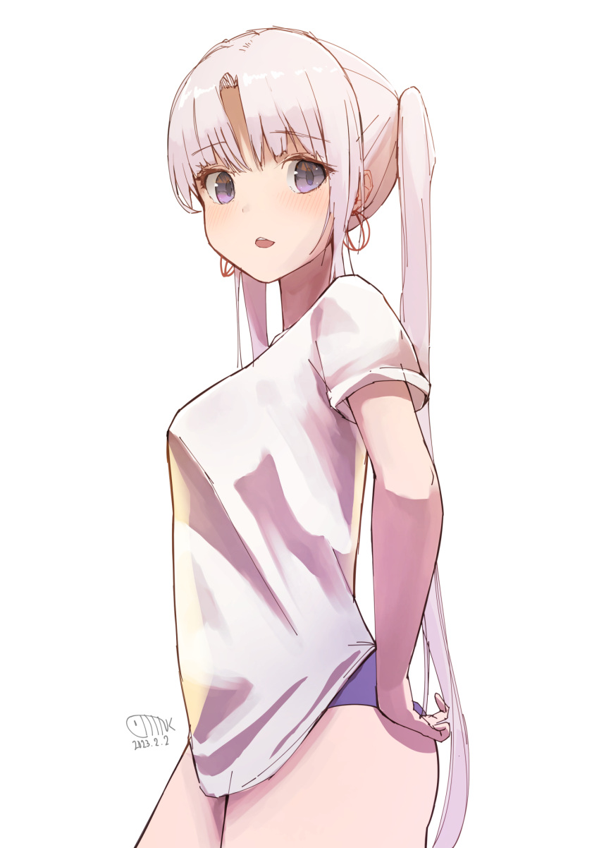 1girl akitsushima_(kancolle) alternate_costume blush buruma dated grey_hair highres kantai_collection long_hair looking_at_viewer mmk one-hour_drawing_challenge open_mouth purple_buruma purple_eyes shirt short_sleeves side_ponytail sidelocks simple_background solo t-shirt white_background white_shirt