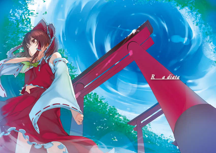1girl absurdres bangs bare_shoulders blue_sky bow brown_eyes brown_hair closed_mouth cloud cloudy_sky frilled_skirt frills from_below hair_bow hakurei_reimu highres japanese_clothes ken-1 long_hair miko neckerchief nontraditional_miko outdoors red_bow red_shirt red_skirt shirt skirt sky solo touhou tree white_sleeves yellow_neckerchief