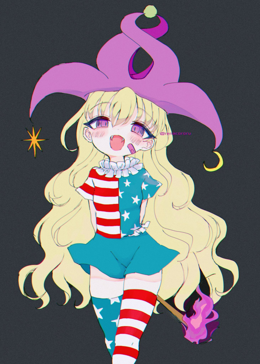 1girl adapted_costume american_flag_legwear american_flag_shirt bandaid bandaid_on_face bangs blonde_hair blue_skirt blush clownpiece crescent crescent_hat_ornament fangs feet_out_of_frame hair_between_eyes hat hat_ornament highres holding holding_torch jester_cap long_hair looking_at_viewer one-hour_drawing_challenge open_mouth pink_eyes pink_headwear polka_dot polka_dot_headwear renakobonb shirt short_sleeves skirt smile solo star_(symbol) star_print striped striped_shirt striped_thighhighs thighhighs torch touhou twitter_username