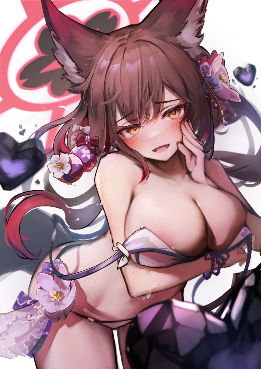 1girl absurdres animal_ears areola_slip bare_shoulders bikini blue_archive breast_hold breasts brown_hair canizzz cleavage cowboy_shot eyeshadow floating_hair flower fox_ears fox_girl fox_tail gradient_hair hair_flower hair_ornament halo hand_up heart highres large_breasts leaning_forward long_hair looking_at_viewer makeup multicolored_hair naughty_face official_alternate_costume open_mouth red_hair smile solo string_bikini swimsuit tail thighs untied untied_bikini wakamo_(blue_archive) wakamo_(swimsuit)_(blue_archive) white_bikini yellow_eyes