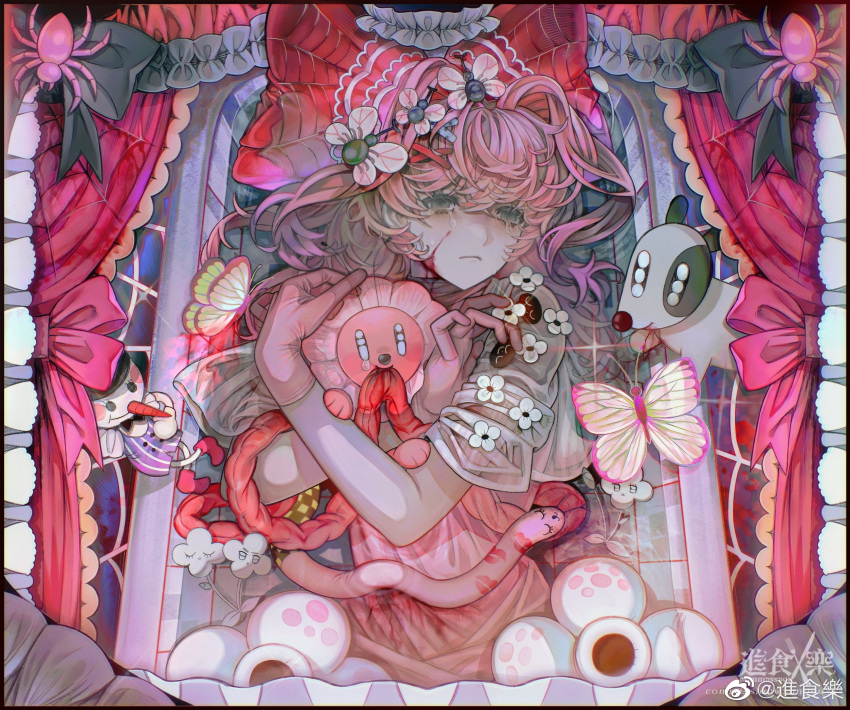 1girl absurdres blood bug butterfly crying crying_with_eyes_open dog frills green_eyes guro highres holding_organ intestines long_hair looking_at_viewer lying mouth_hold organs original pink_butterfly pink_hair pink_theme see-through see-through_sleeves short_hair solo tears transparent_gloves weibo_7462485061