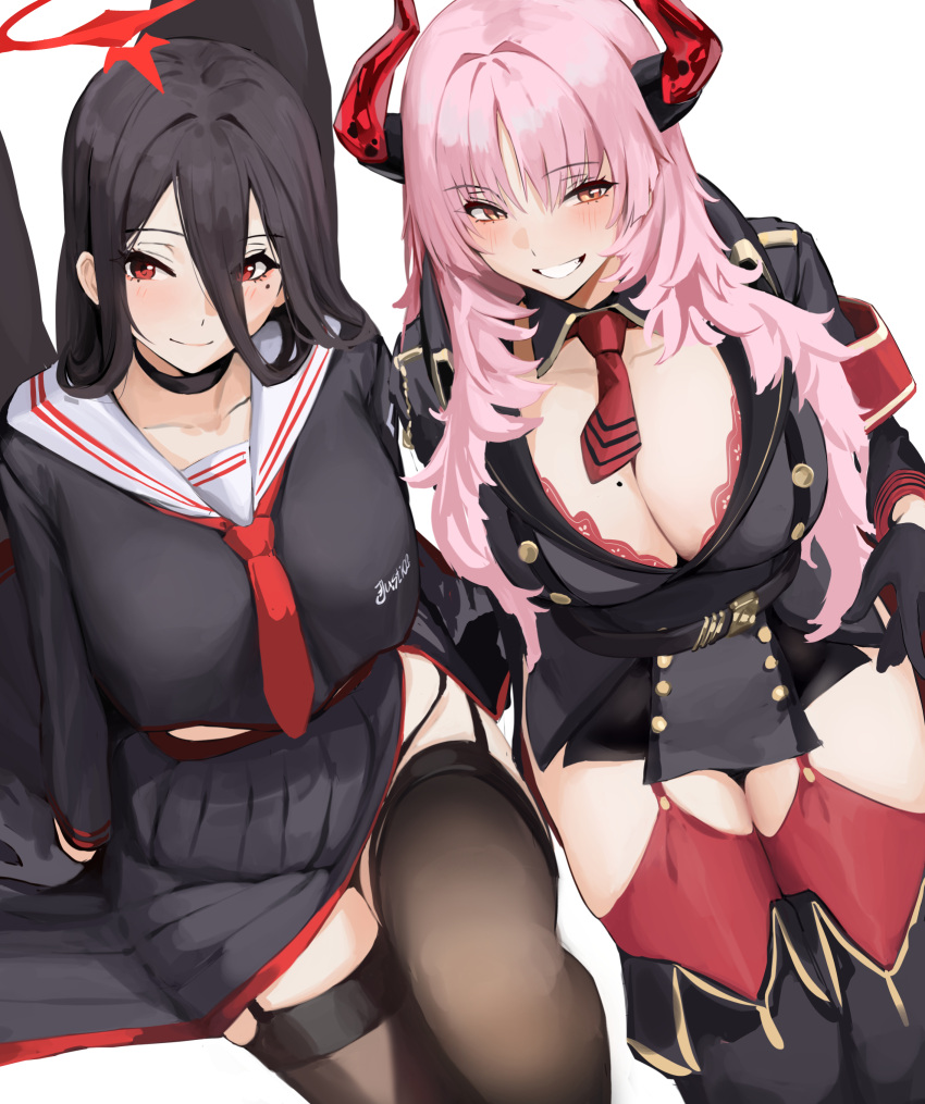 2girls armband bangs black_choker black_footwear black_gloves black_hair black_serafuku black_skirt black_thighhighs blue_archive blush boots breasts chela77 choker closed_mouth collarbone commentary from_above gloves hair_between_eyes halo hasumi_(blue_archive) highres horns large_breasts long_hair long_sleeves looking_at_viewer mole mole_on_breast mole_under_eye multiple_girls necktie orange_eyes parted_lips pink_hair red_eyes red_necktie red_thighhighs satsuki_(blue_archive) school_uniform serafuku simple_background skirt smile symbol-only_commentary teeth thigh_boots thighhighs thighhighs_under_boots thighs white_background