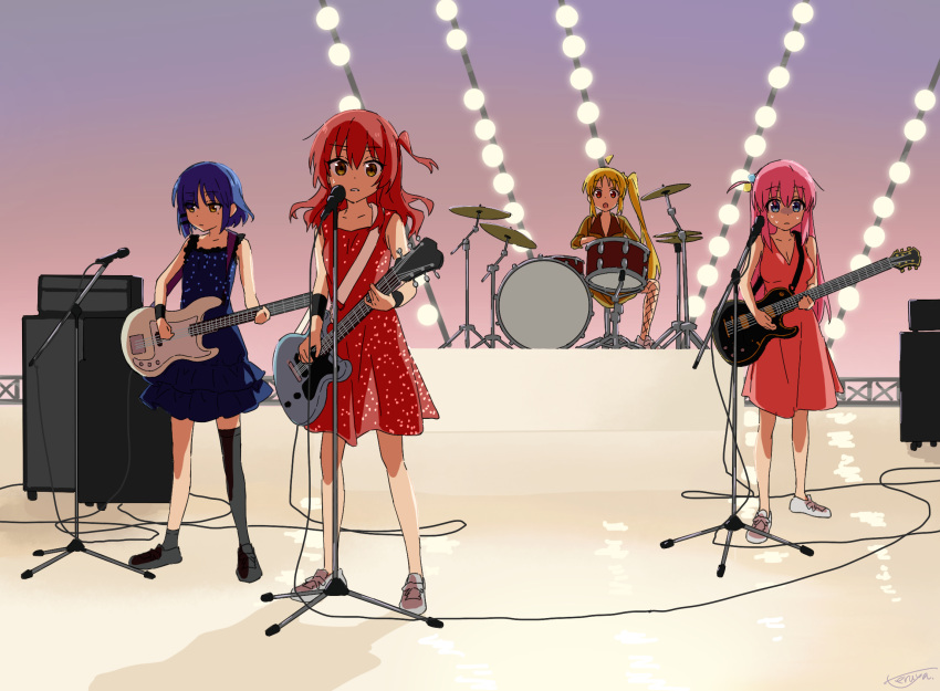 4girls band bass_guitar blonde_hair blue_hair bocchi_the_rock! commentary_request dress drum drum_set electric_guitar ellegarden_(band) fender_precision_bass gibson_les_paul gotou_hitori guitar highres holding holding_instrument ijichi_nijika instrument kita_ikuyo microphone multiple_girls music parody pink_hair playing_instrument red_hair single_thighhigh teruya_(6w6y) thighhighs wristband yamada_ryou