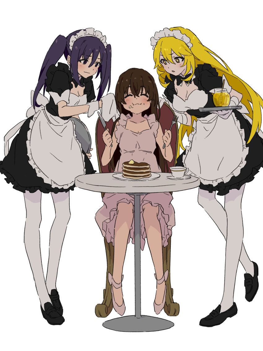 3girls ^_^ absurdres alternate_costume apron bangs black_bow black_bowtie black_footwear blonde_hair blush bow bowtie breasts brown_hair cleavage closed_eyes commentary cup detached_collar dolly_(toaru_kagaku_no_railgun) dress dress_bow eating enmaided food food_on_face fork frilled_dress frills full_body gloves highres holding holding_fork holding_knife holding_tray honey invisible_floor knife kouzaku_mitori leaning_forward loafers long_hair looking_at_another maid maid_apron maid_headdress medium_breasts multiple_girls pancake pancake_stack pink_dress plate puffy_short_sleeves puffy_sleeves purple_hair shoes shokuhou_misaki short_hair short_sleeves sidelocks simple_background sitting star-shaped_pupils star_(symbol) symbol-shaped_pupils teacup teruya_(6w6y) thighhighs toaru_kagaku_no_railgun toaru_majutsu_no_index tray twintails white_background white_gloves white_thighhighs wing_collar wrist_cuffs