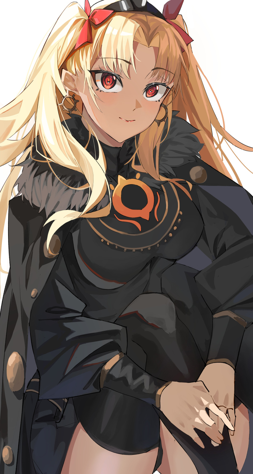 1girl absurdres bangs black_cape black_dress black_thighhighs blonde_hair blush breasts cape dark-skinned_female dark_skin dress earrings ereshkigal_(fate) fate/grand_order fate_(series) fur-trimmed_cape fur_trim hair_ribbon highres hoop_earrings jewelry knees_up long_hair long_sleeves looking_at_viewer medium_breasts parted_bangs red_eyes ribbon sitting solo soranoki tan thighhighs thighs tiara two_side_up