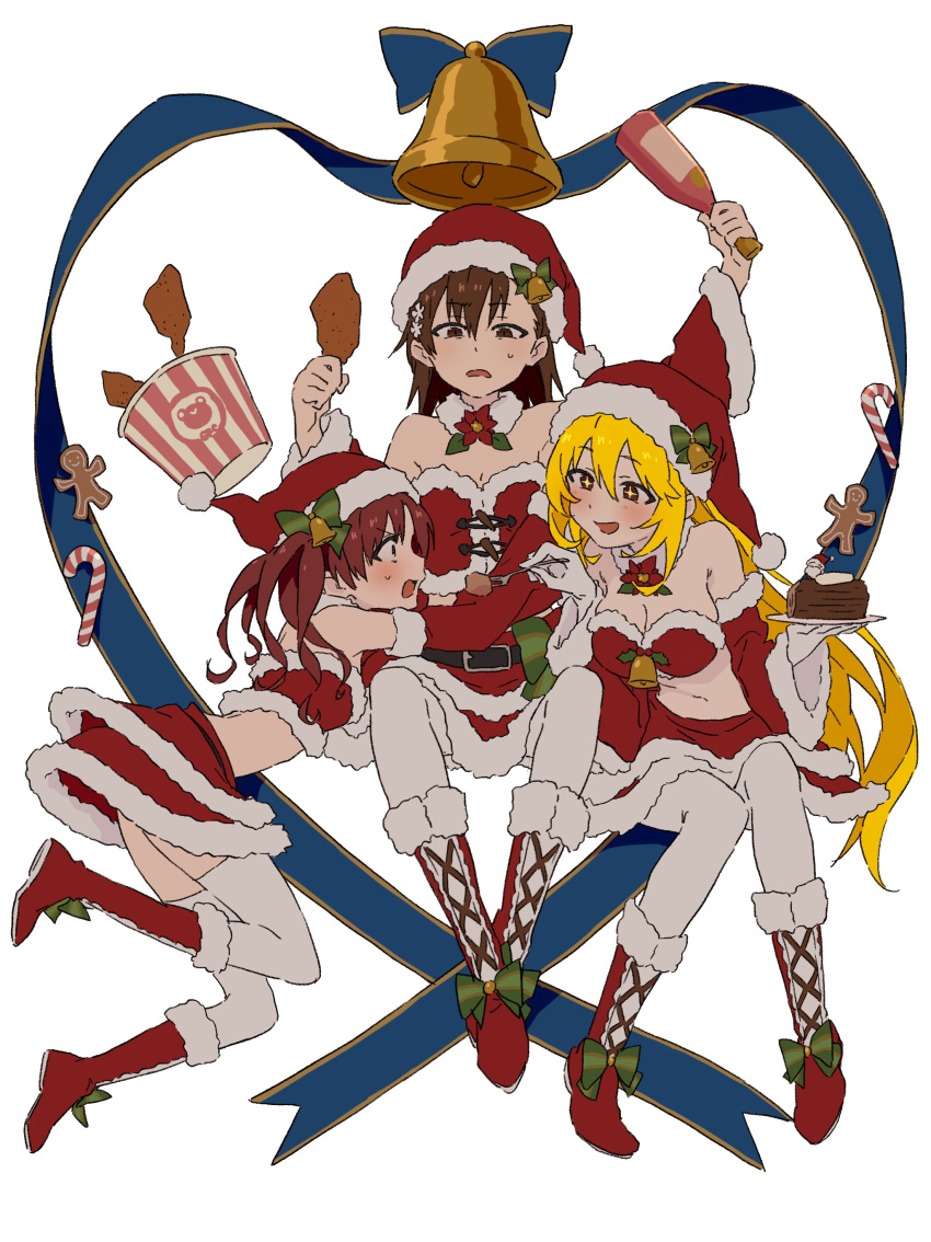 +_+ 3girls absurdres arm_up bell belt black_belt blonde_hair blue_ribbon blush boots bottle bow breasts brown_eyes brown_hair bucket cake candy candy_cane chicken_(food) christmas cleavage commentary_request crop_top detached_sleeves feeding floating flower food fork frown fur-trimmed_shirt fur-trimmed_skirt fur-trimmed_sleeves fur_collar fur_trim gingerbread_man gloves green_bow hair_flower hair_ornament half-closed_eyes hat highres holding holding_bottle holding_food holding_fork holding_plate holly hug large_breasts layered_skirt leaning_forward long_hair looking_at_another matching_outfit medium_hair midriff miniskirt misaka_mikoto multiple_girls navel open_mouth plate red_footwear red_hair red_headwear red_shirt red_skirt red_sleeves ribbon santa_boots santa_costume santa_hat shirai_kuroko shirt shokuhou_misaki sitting skirt small_breasts smile strapless strapless_shirt sweatdrop teruya_(6w6y) thighhighs toaru_kagaku_no_railgun toaru_majutsu_no_index twintails unamused white_gloves yuri