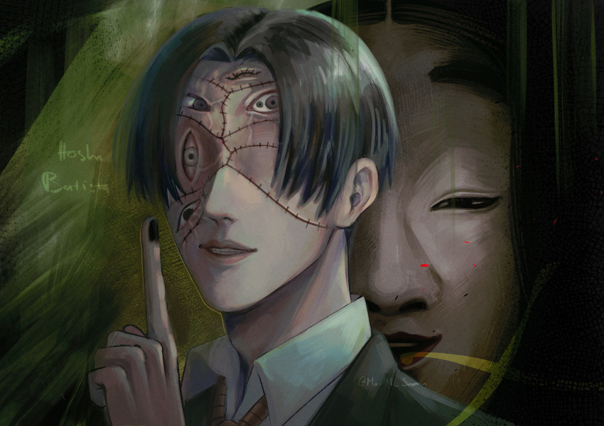 1boy absurdres black_hair black_jacket black_nails character_name choujin_x collared_shirt facing_viewer finger_to_mouth formal highres jacket looking_at_viewer maxm_sama noh_mask noh_mask_(choujin_x) noose parted_lips patchwork_skin shirt short_hair shushing smile solo stitched_eye stitched_face stitches suit white_shirt