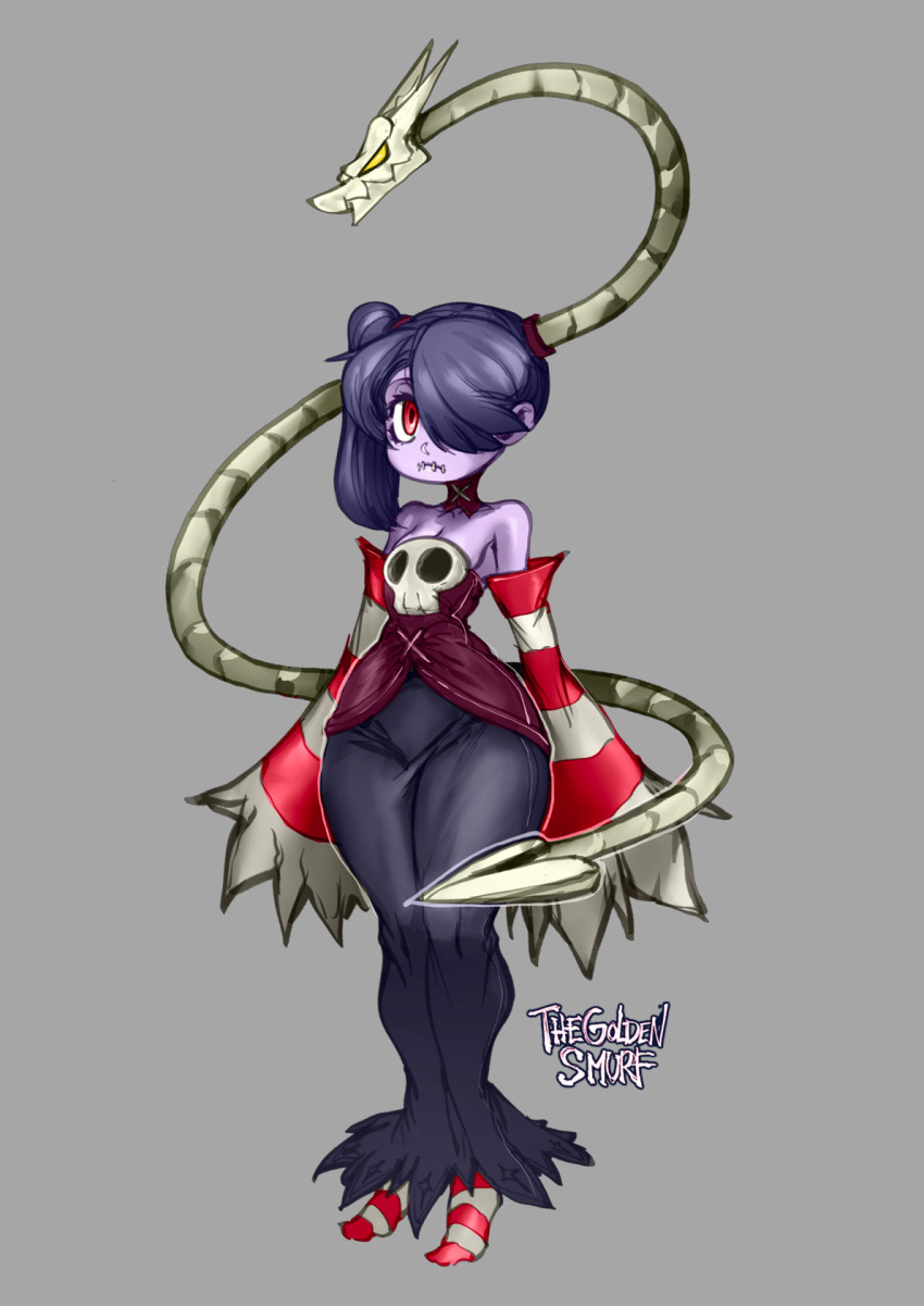 1girl black_hair black_skirt breasts cleavage colored_skin commentary detached_sleeves full_body hair_over_one_eye highres leviathan_(skullgirls) long_skirt purple_skin red_eyes side_ponytail signature skirt skullgirls sleeves_past_fingers sleeves_past_wrists small_breasts socks solo squigly_(skullgirls) stitched_mouth stitches striped striped_sleeves striped_socks the_golden_smurf wide_hips