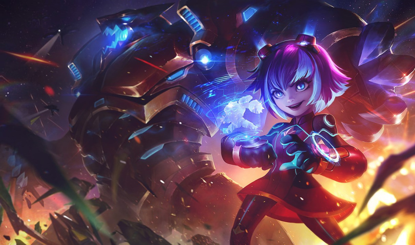 1girl :d alternate_costume annie_(league_of_legends) artist_request bad_source bangs bear destruction dress gauntlets glowing goggles goggles_on_head hologram league_of_legends mecha multicolored_background multicolored_hair official_art open_mouth red_dress red_hair robot smile super_galaxy_annie tibbers two-tone_hair white_hair