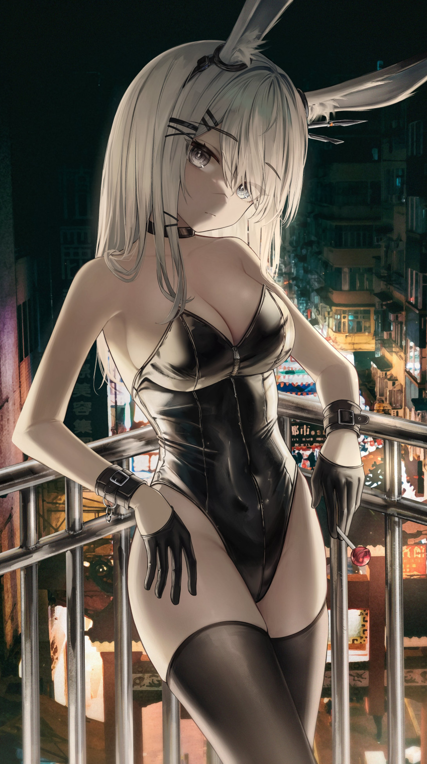 1girl absurdres against_railing animal_ear_fluff animal_ears arknights backlighting bangs bare_shoulders black_choker black_gloves black_leotard black_thighhighs breasts buckle candy choker city cleavage closed_mouth covered_navel eyes_visible_through_hair flippy_(cripine111) food frostnova_(arknights) gloves grey_eyes grey_hair hair_ornament hair_over_one_eye hairclip highres holding holding_food large_breasts leotard lollipop long_hair looking_at_viewer night outdoors playboy_bunny rabbit_ears railing scar scar_on_face scar_on_nose solo strapless strapless_leotard thighhighs x_hair_ornament